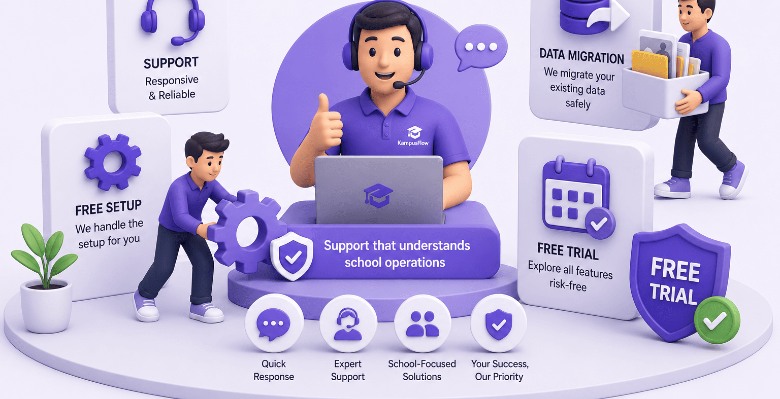 KampusFlow support, free setup, data migration, and free trial