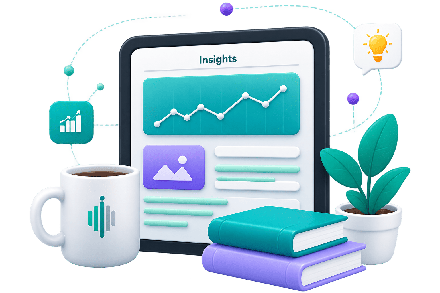 Intelex Insights — 3D illustration of an insights dashboard, books, and workspace